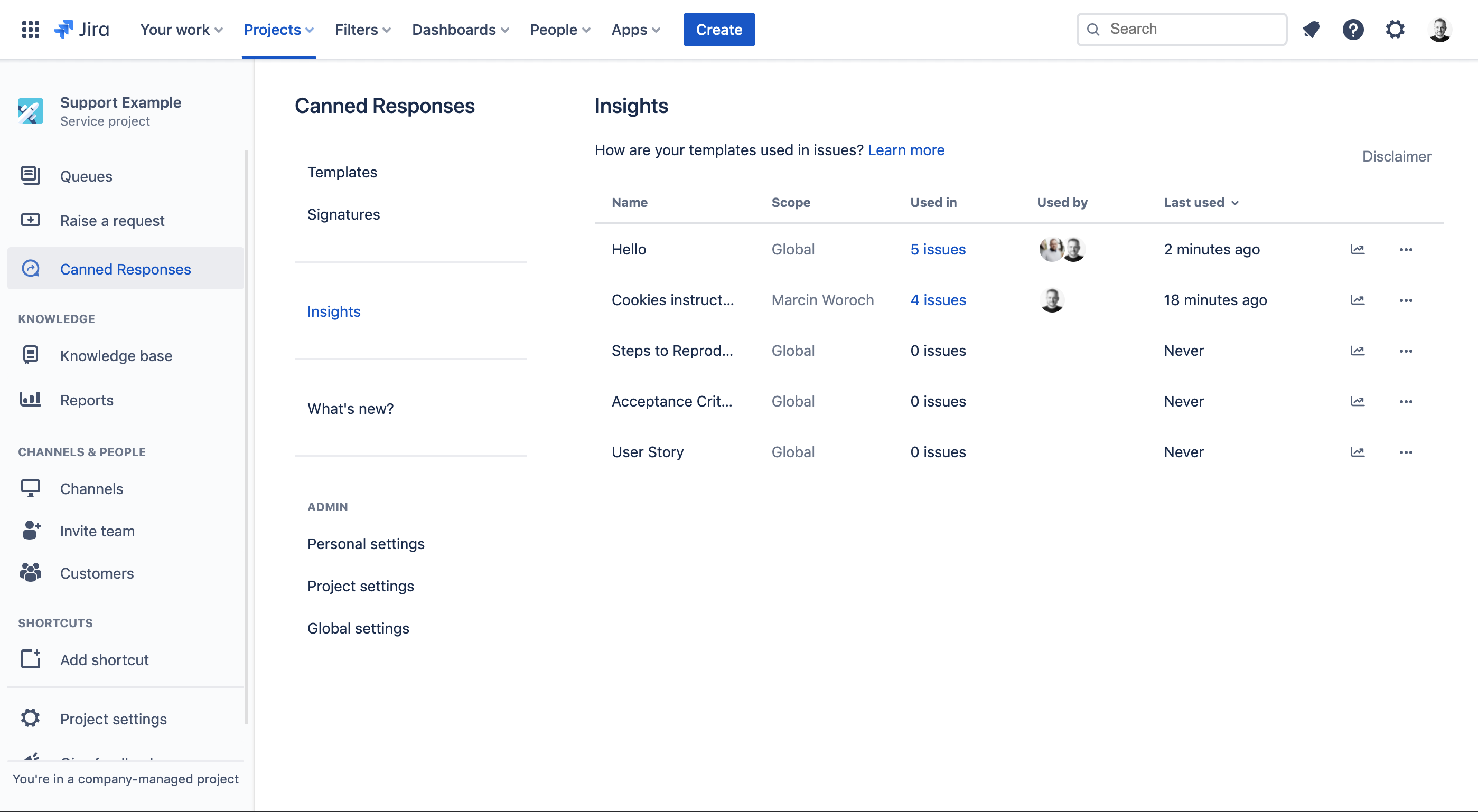 Insights - Table of templates and their stats